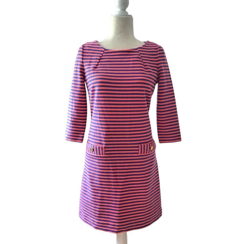 Lilly Pulitzer Women's Pink Blue Charlene Striped Sheath Dress 3/4 Sleeve Small